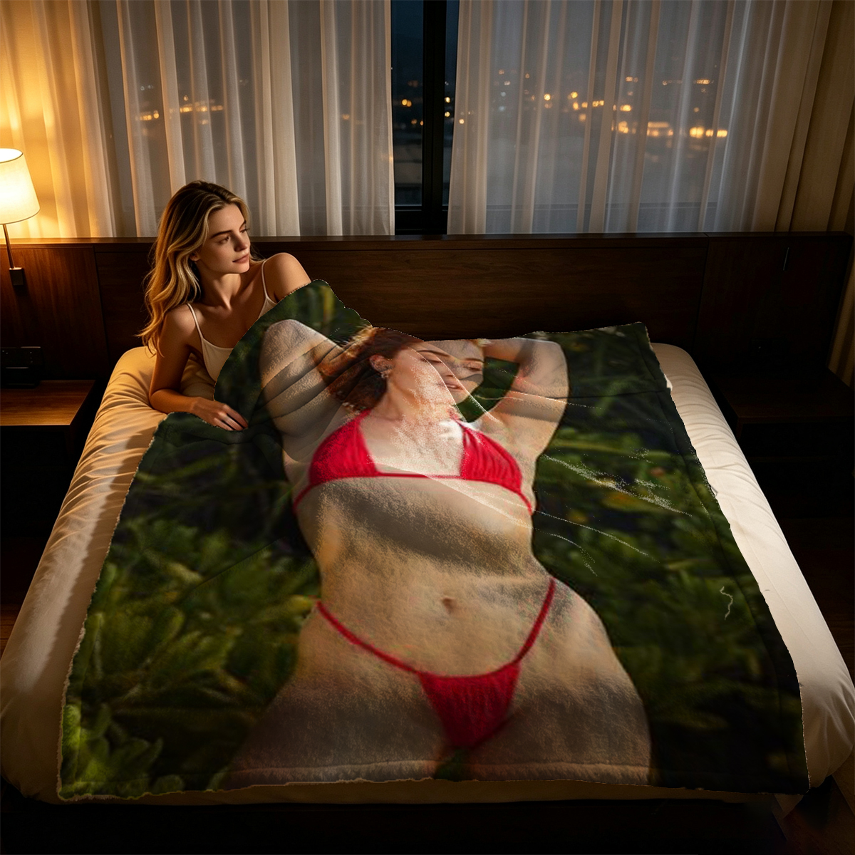 A Japanese woman in an unbuttoned white lace robe lying seductively on a red leather couch. - Blanket