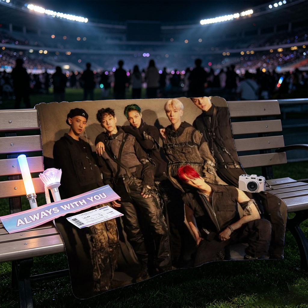 EXO Group Photo - Members in Edgy Black Outfits Posed Against Dark Background with Logo - Blankets