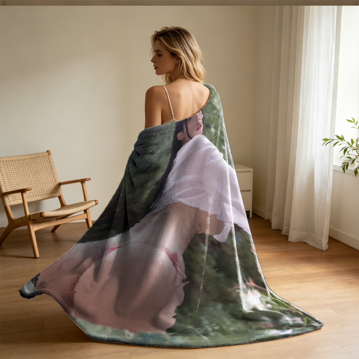 Blonde woman in profile with ponytail, bare shoulders, METART style - Blanket
