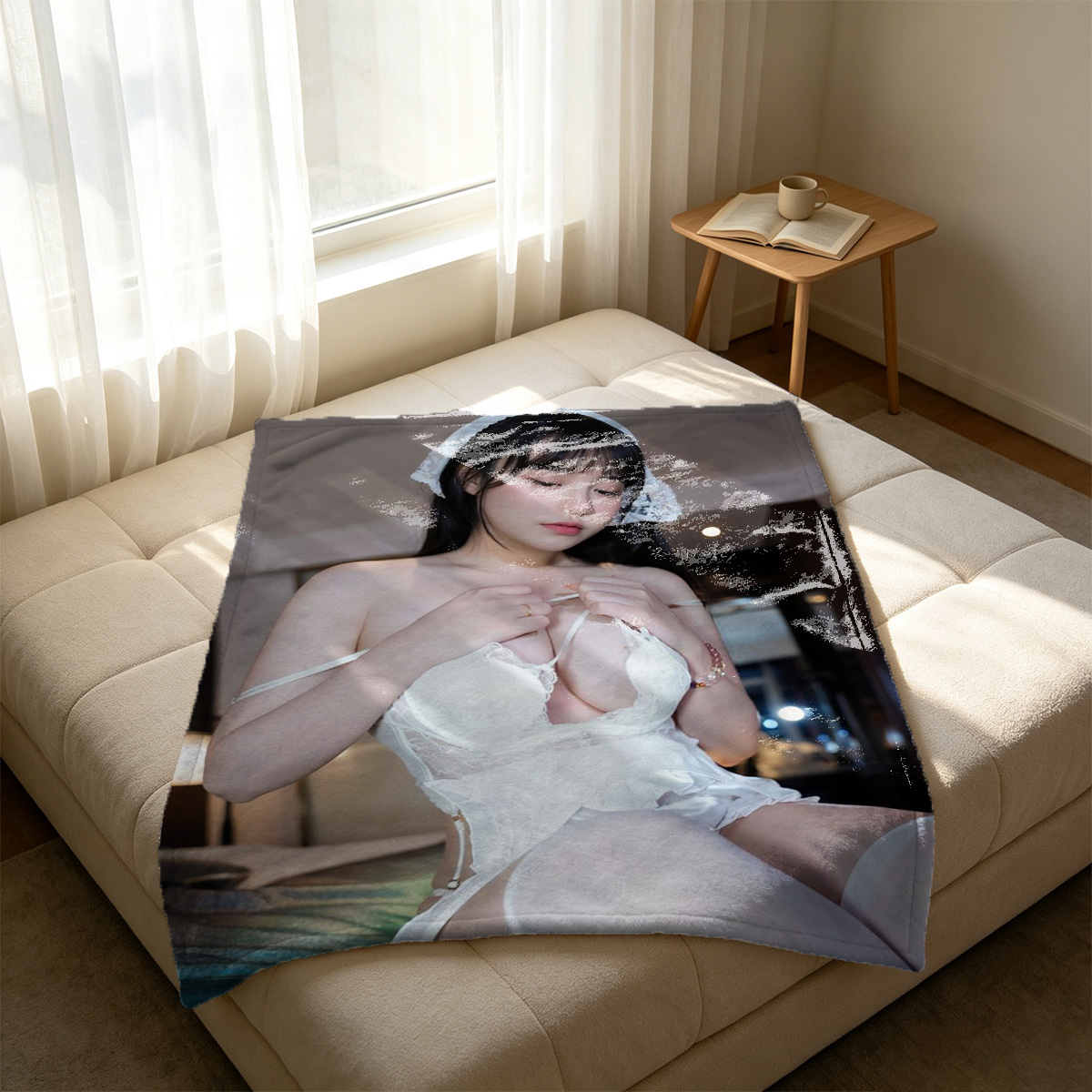 Nude redhead on green velvet couch - Blanket
