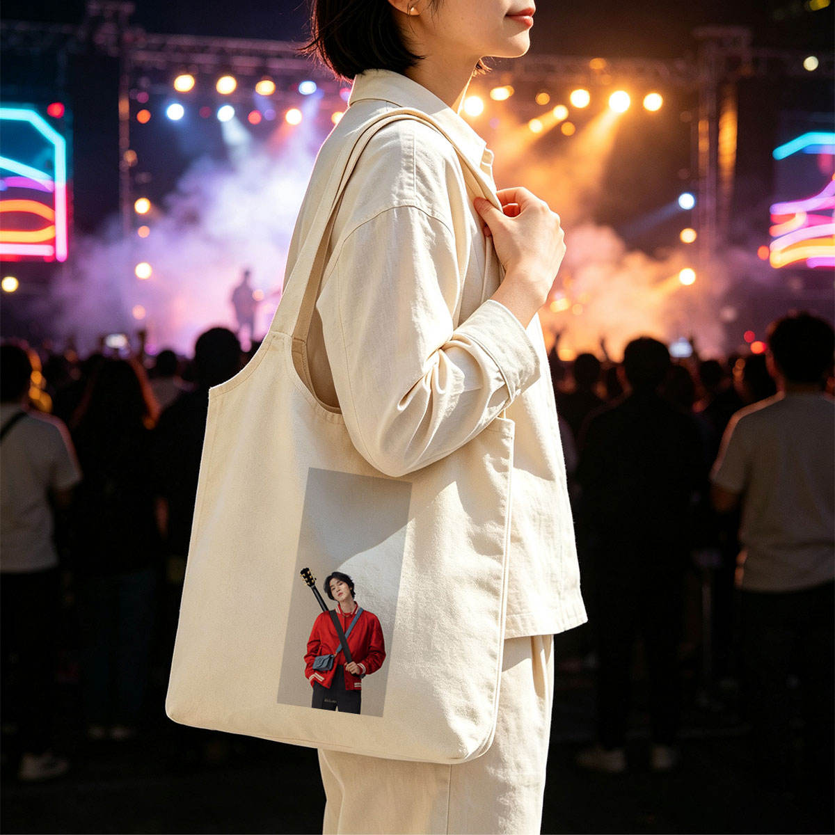 Jungkook with Guitar in Red Jacket and Blue Bag, Standing Against Gray Background - Canvas shoulder bags/