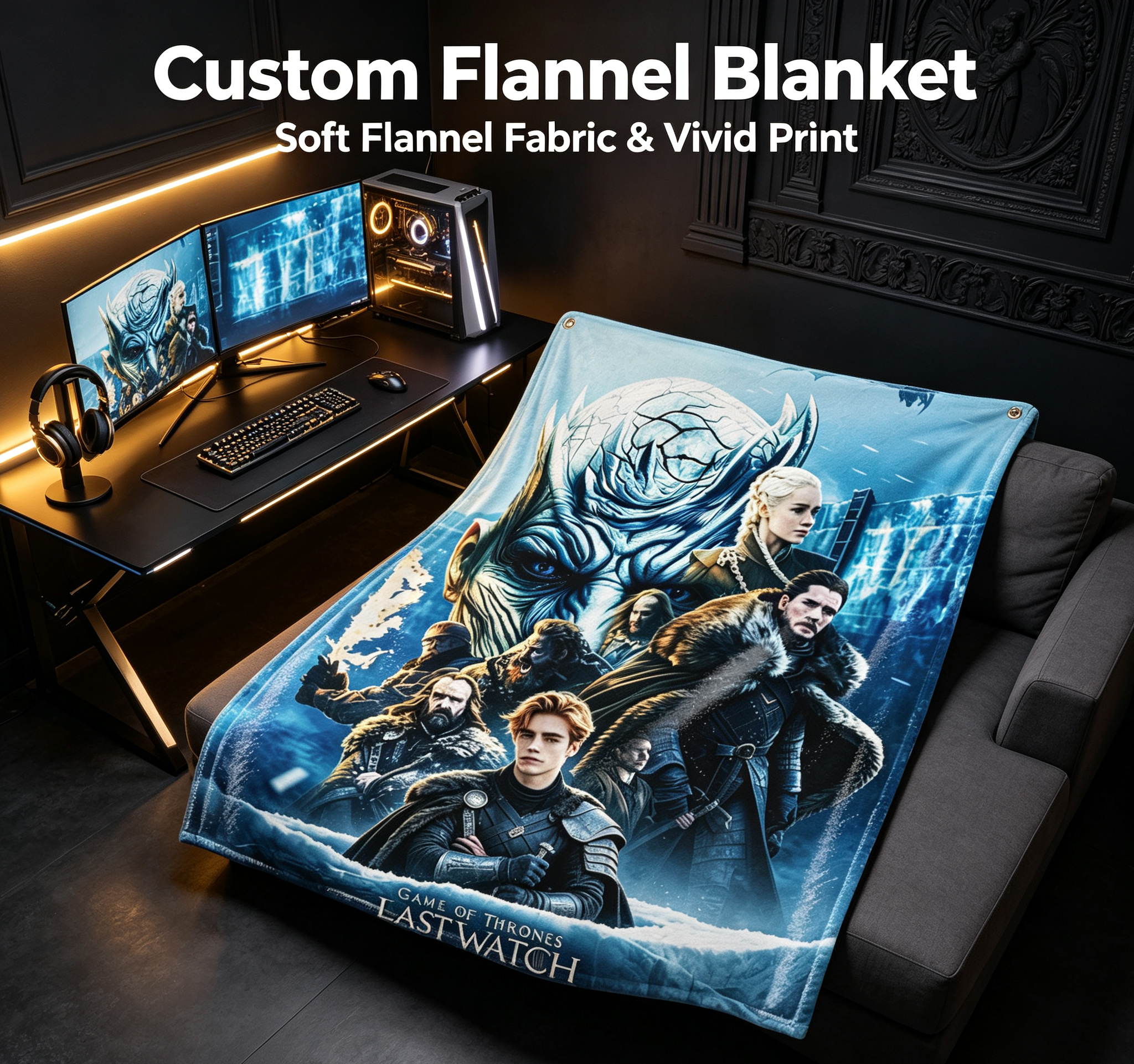 Custom Face Blanket Game of Thrones Eastwatch Flannel Blanket for Couch, Bed, or Travel - Perfect Gift for Fans and Collectors