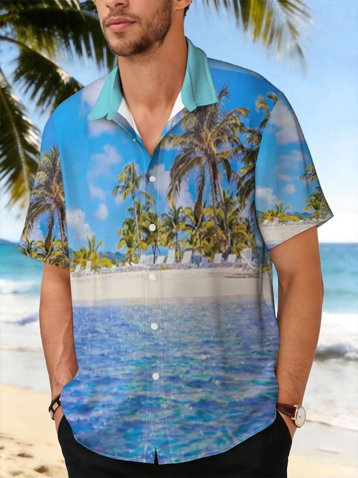 Sunny beach with palm trees and clear blue water -  Shirt