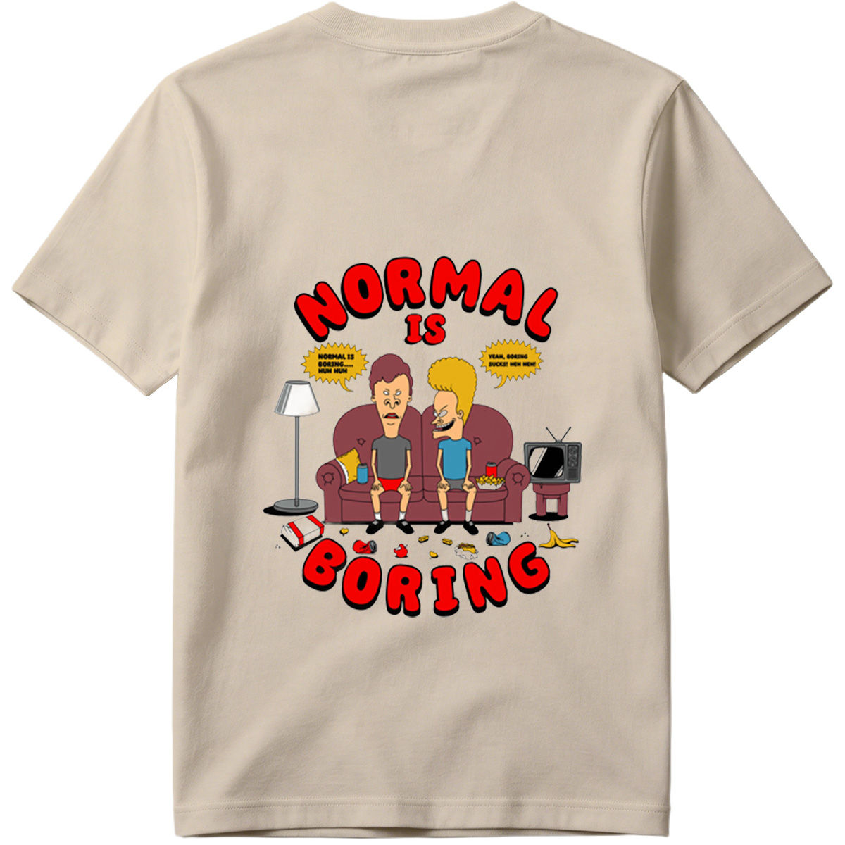 Normal Is Boring: Two Cartoon Characters on Couch with Chaos Around - Tee