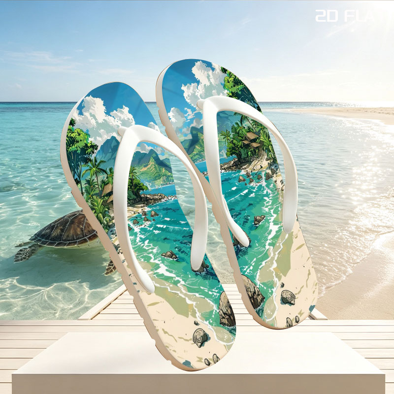 Tropical Beach with Lush Palm Trees and Crystal Clear Waters -  flip-flops