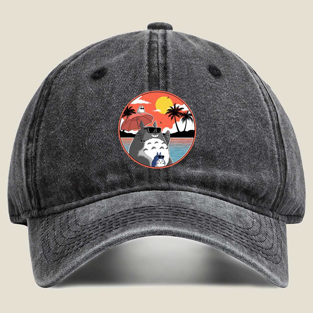 Totoro Family Beach Sunset - Washed Denim - Baseball Cap