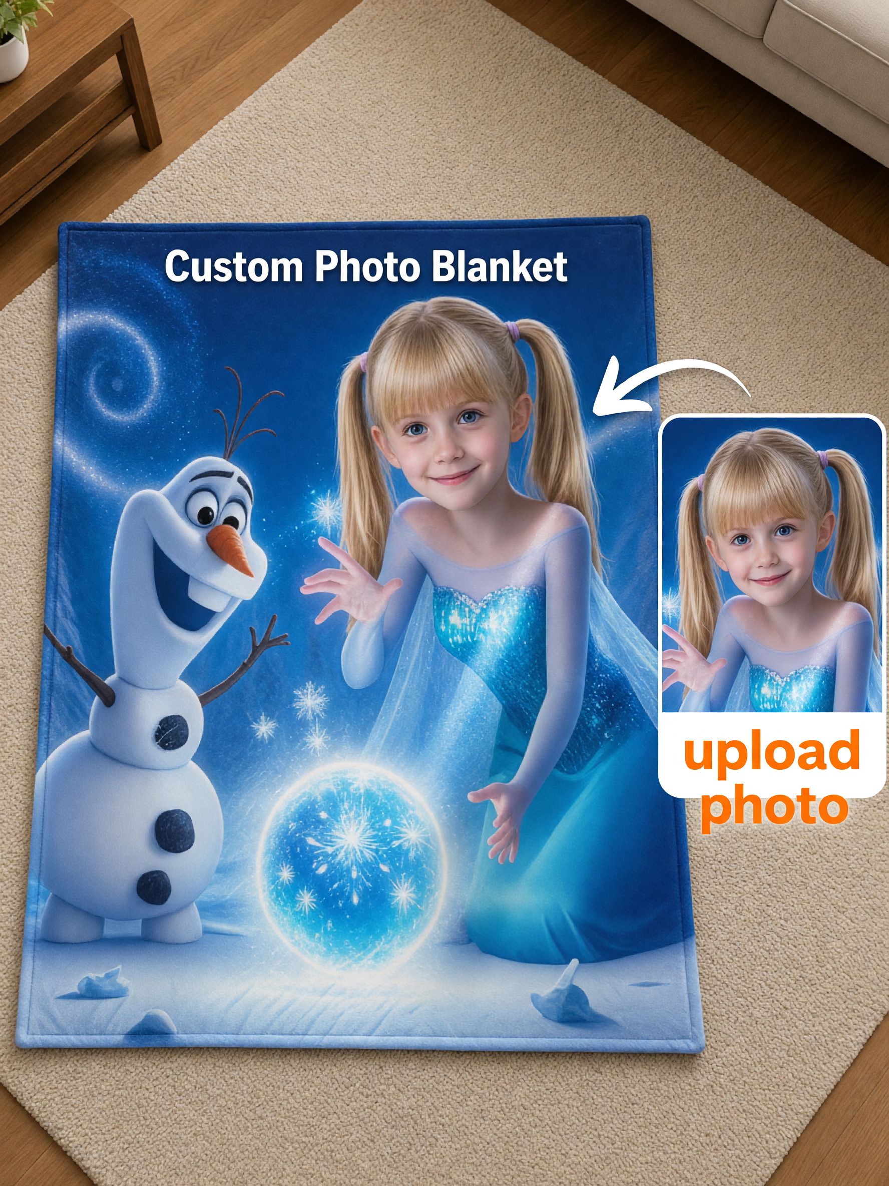 Custom Face Photo Blanket Personalized Ice Princess Winter Snowman Flannel Throw Soft Cozy Keepsake Gift for Kids