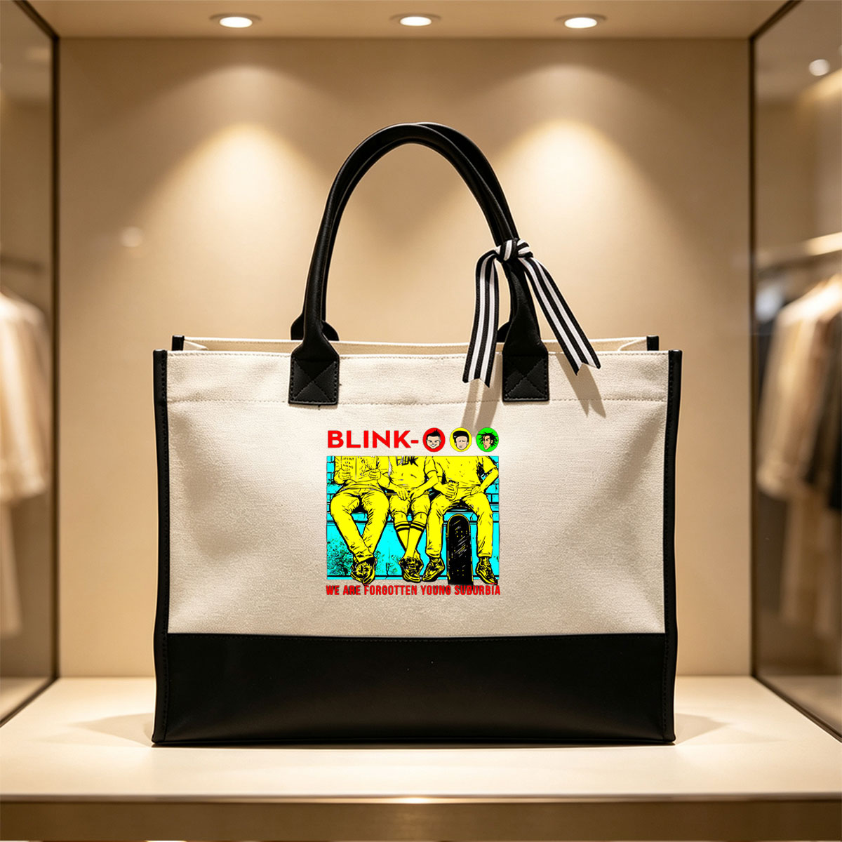 Blink-182: Forgotten Young Suburbia – Band Members in Yellow Outfits with Skateboard and Book - Canvas patchwork gift tote bag