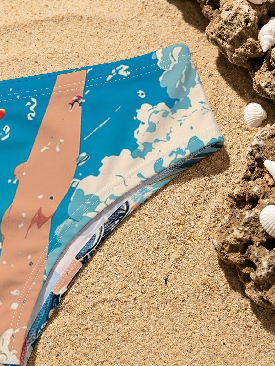 Girl floating in water with koi fish and palm trees under blue sky -  Men's swim trunks