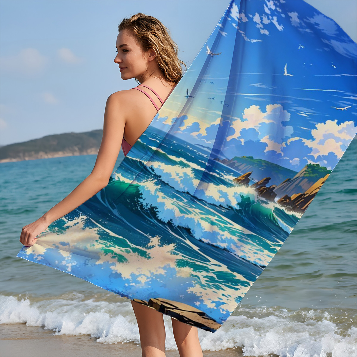 Ocean Waves Crashing Against Rocky Coastline Under Blue Sky - Beach towels