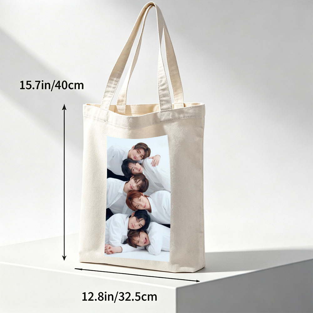BOYNEXTDOOR Group Photo - Six Members in White Shirts Posing Closely Together on a White Background - Canvas tote bags