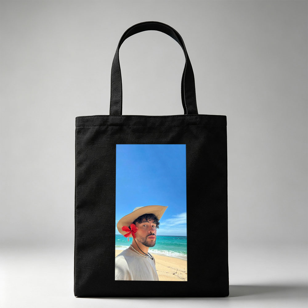 Bad Bunny on the Beach Wearing a Straw Hat with Red Flower and Beaded Necklace - Canvas tote bags
