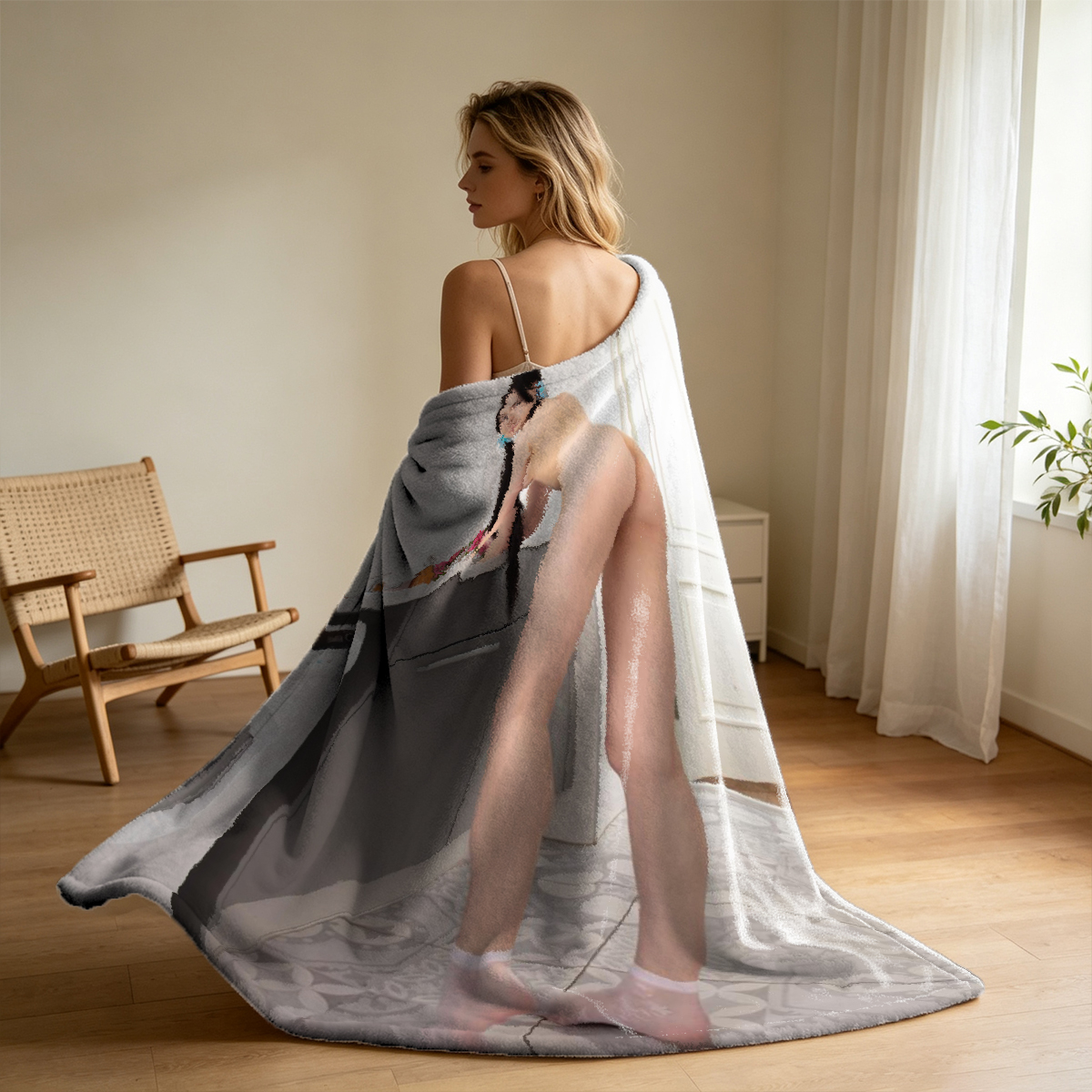 Two Women in Leather Dress and Pink Lingerie Embracing in Bedroom - Blanket