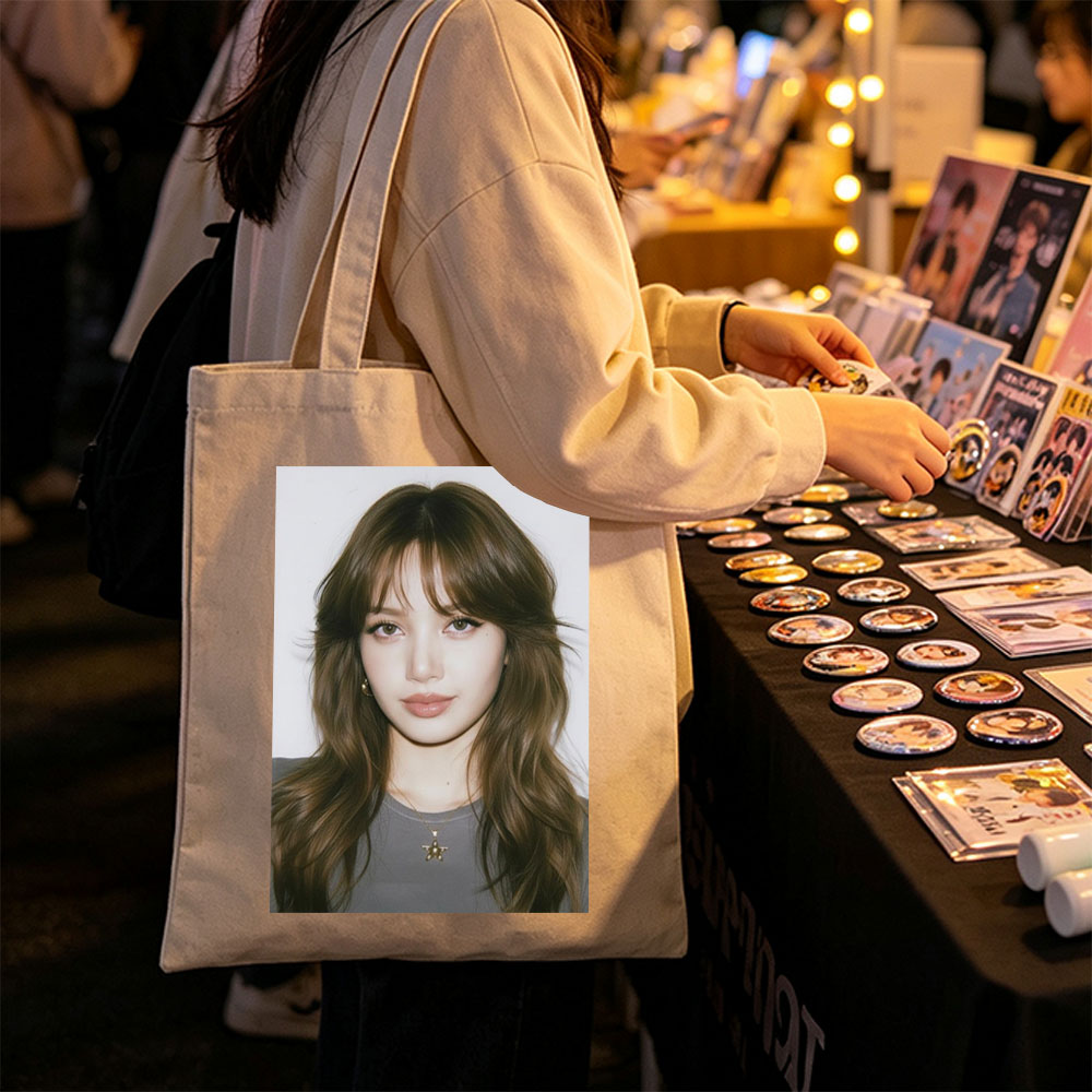 Lisa Blackpink Close-Up Portrait with Long Wavy Hair and Star Necklace - Canvas tote bags