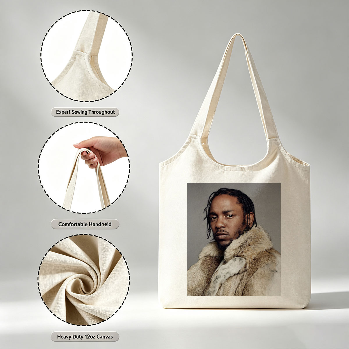 Kendrick Lamar in a Fur Coat Portrait with Intense Gaze and Braided Hair - Canvas shoulder bags/