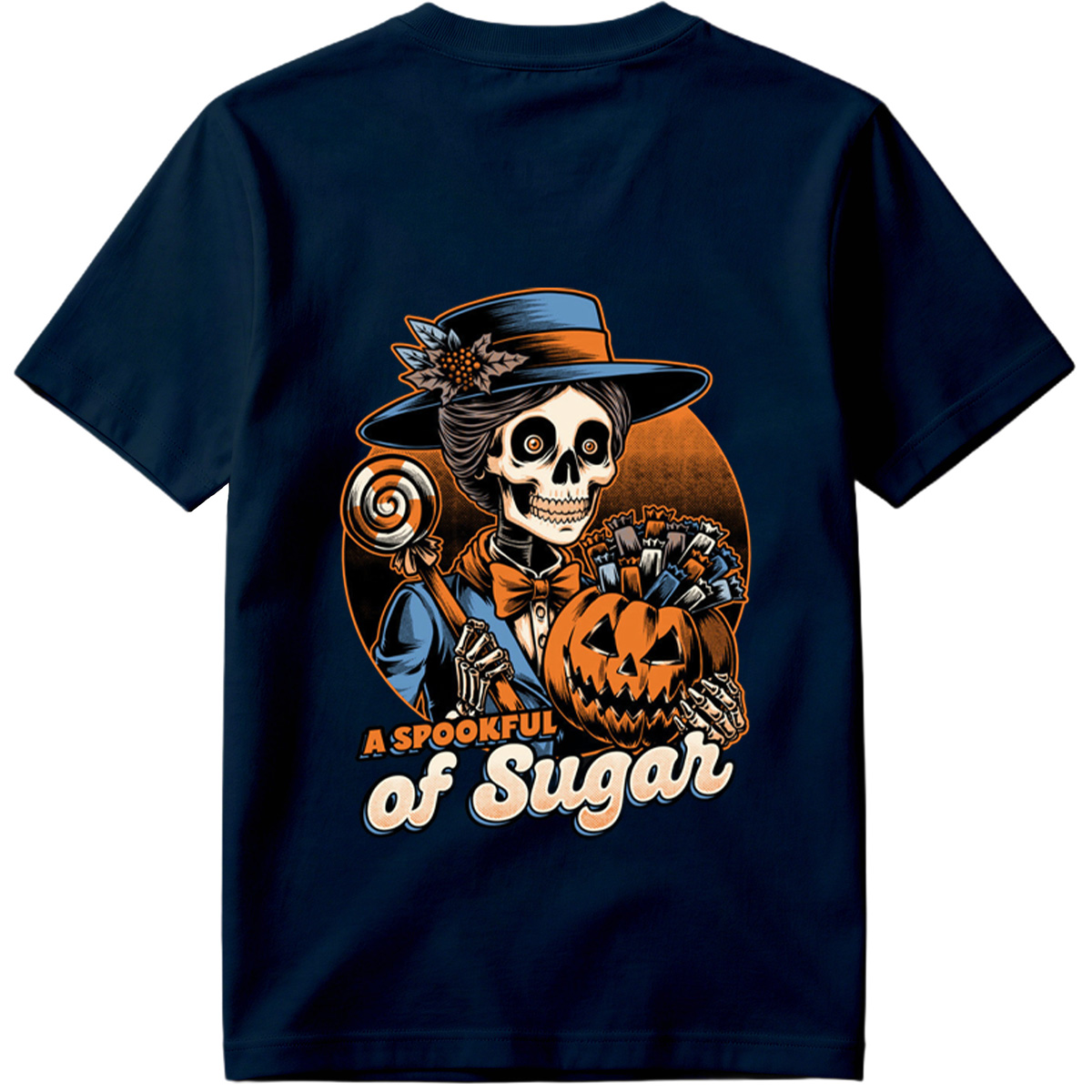 A Spookful of Sugar: Skeleton Lady with Pumpkin and Candy - Tee