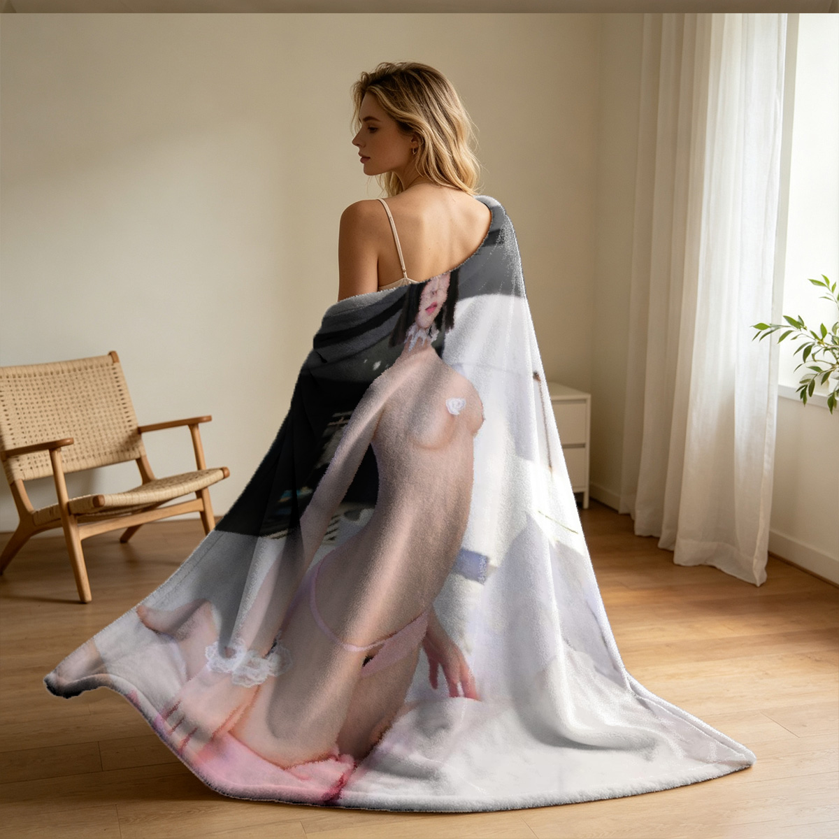 Nude blonde on wooden table by window. - Blanket