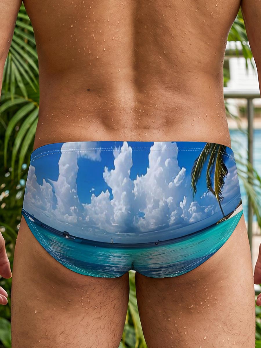 Crystal Clear Waters and Palm Trees Under a Blue Sky -  Men's swim trunks
