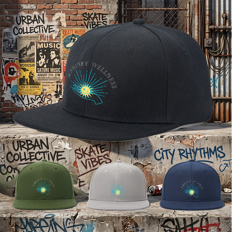 Flat Brim Baseball Cap B.Shiney Wellness Sunburst Design Streetwear Underground Skate Style for Basketball Court Skate Park Urban Lifestyle Skaters Rappers Streetwear Enthusiasts
