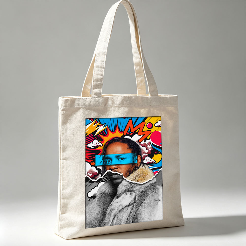 Kendrick Lamar in a Fur Coat with Comic-Style Background and Blue Eye Mask - Canvas tote bags
