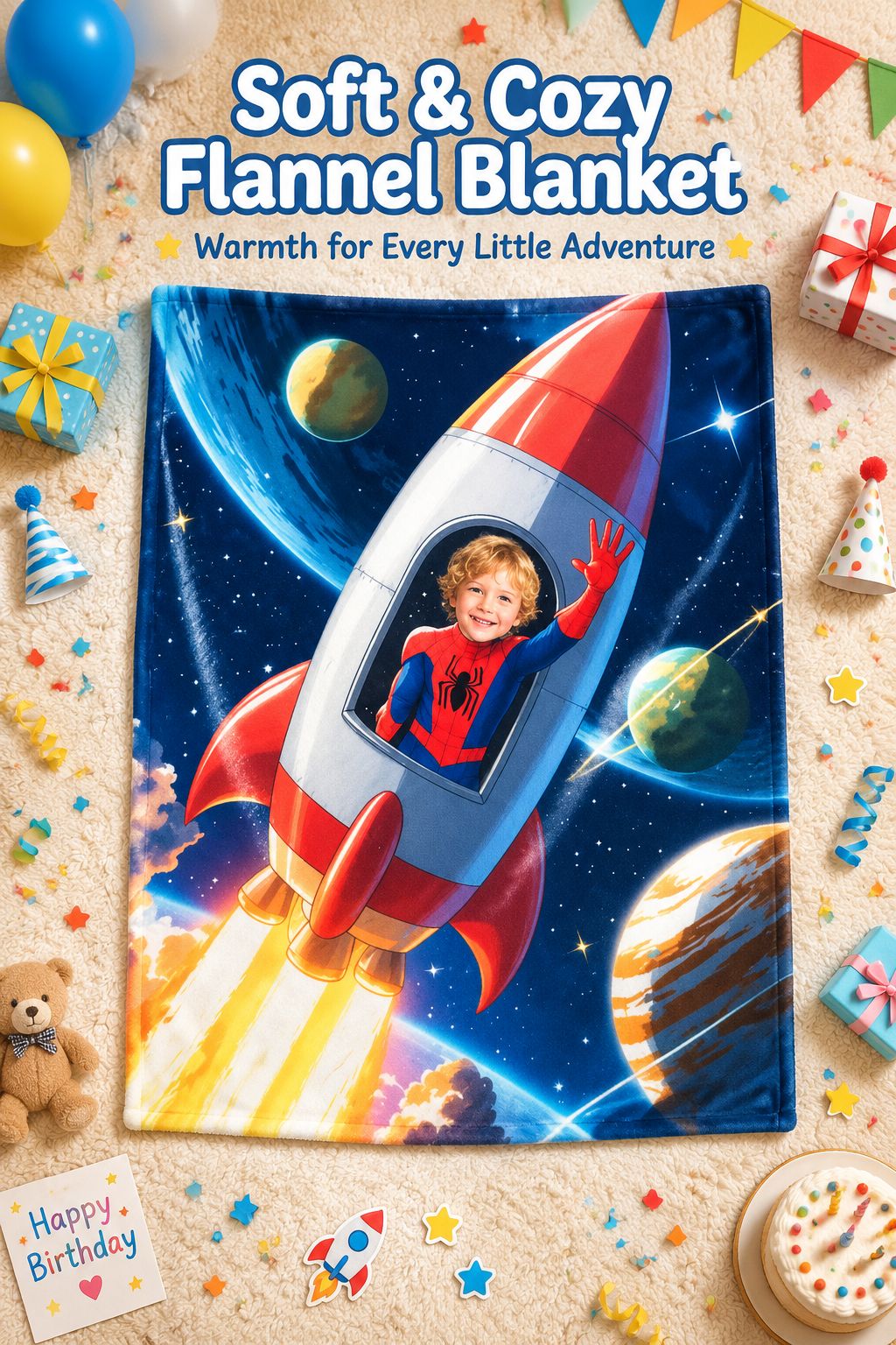 Custom Face Astronaut Rocket Blanket, Personalized Photo Plush Flannel Throw for Kids, Cozy Galaxy Bedding Gift