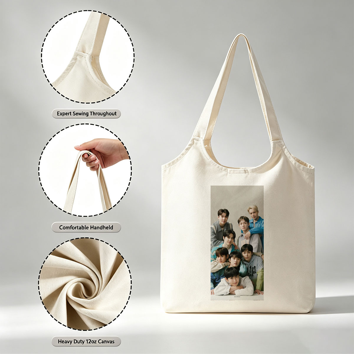 SEVENTEEN Group Photo - Members Posed Together in Casual Outfits on a Neutral Background - Canvas shoulder bags/
