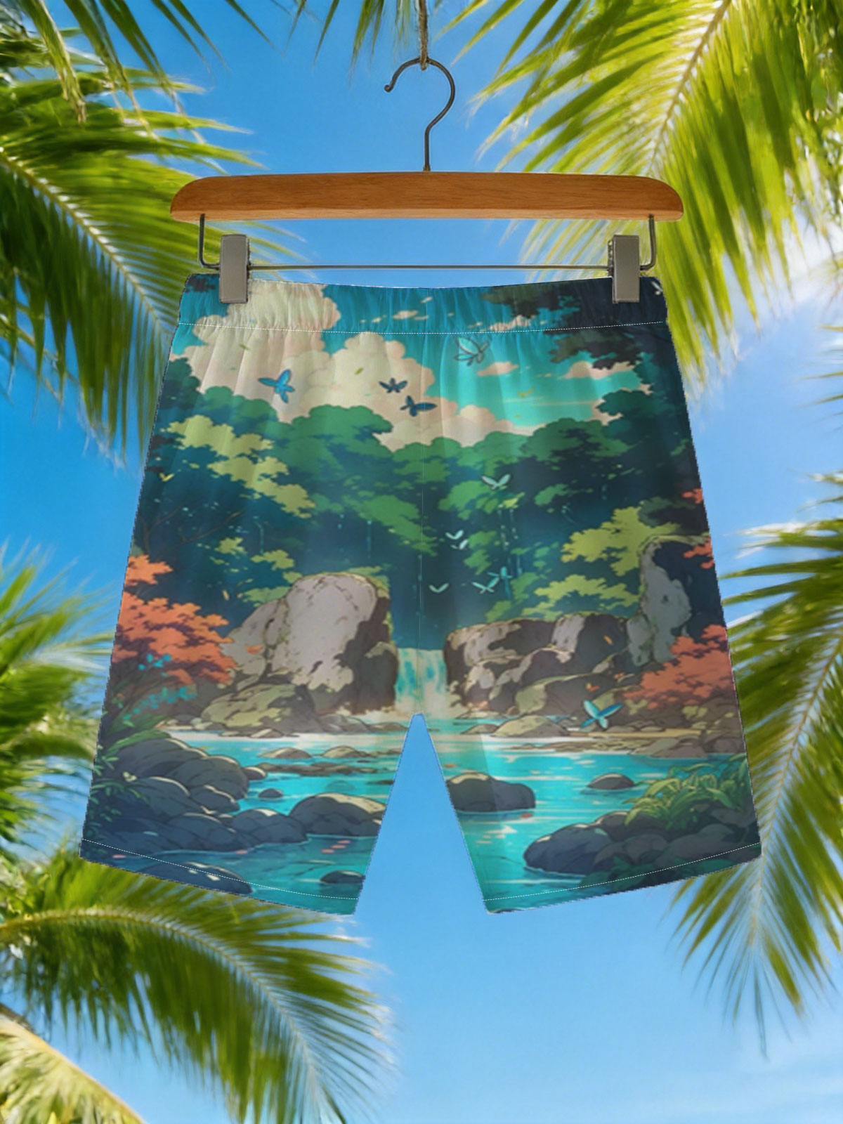 Serene Forest Stream with Waterfall and Butterflies -  Beach shorts