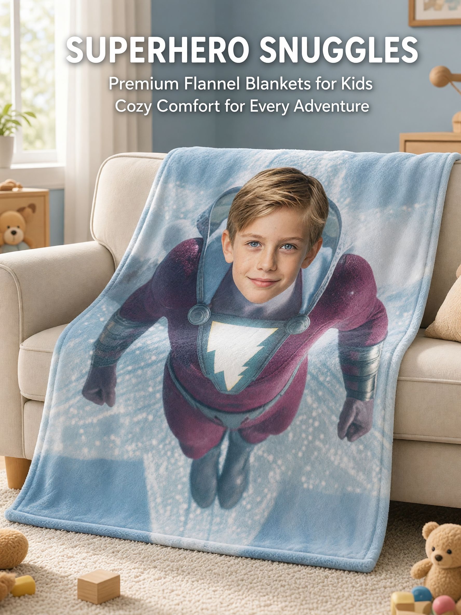 Custom Superhero Face Photo Blanket Ultra Soft Flannel Fleece Throw Personalized Hero Gift for Kids and Family
