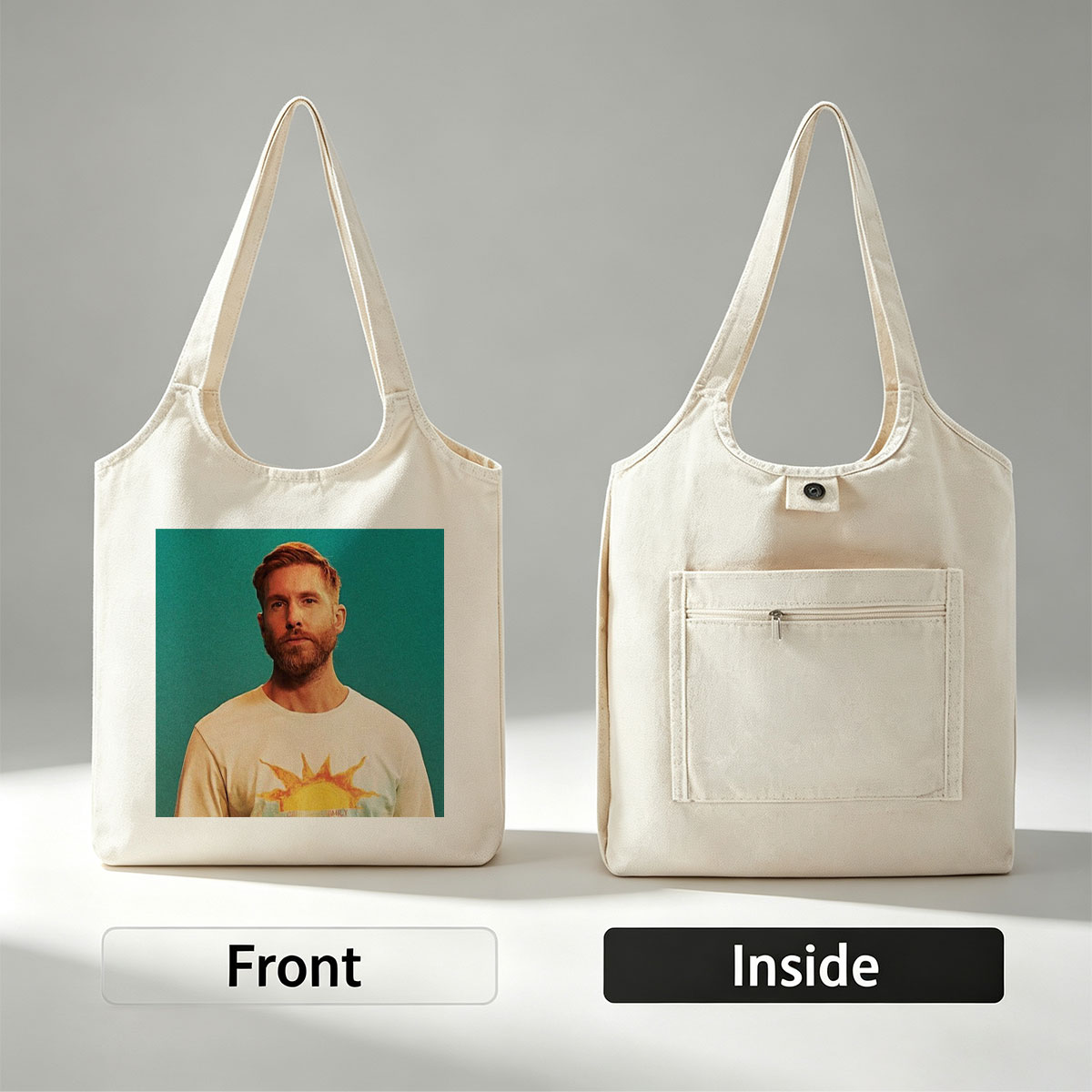 Calvin Harris in a Sun-Themed T-Shirt Against a Teal Background - Canvas shoulder bags/