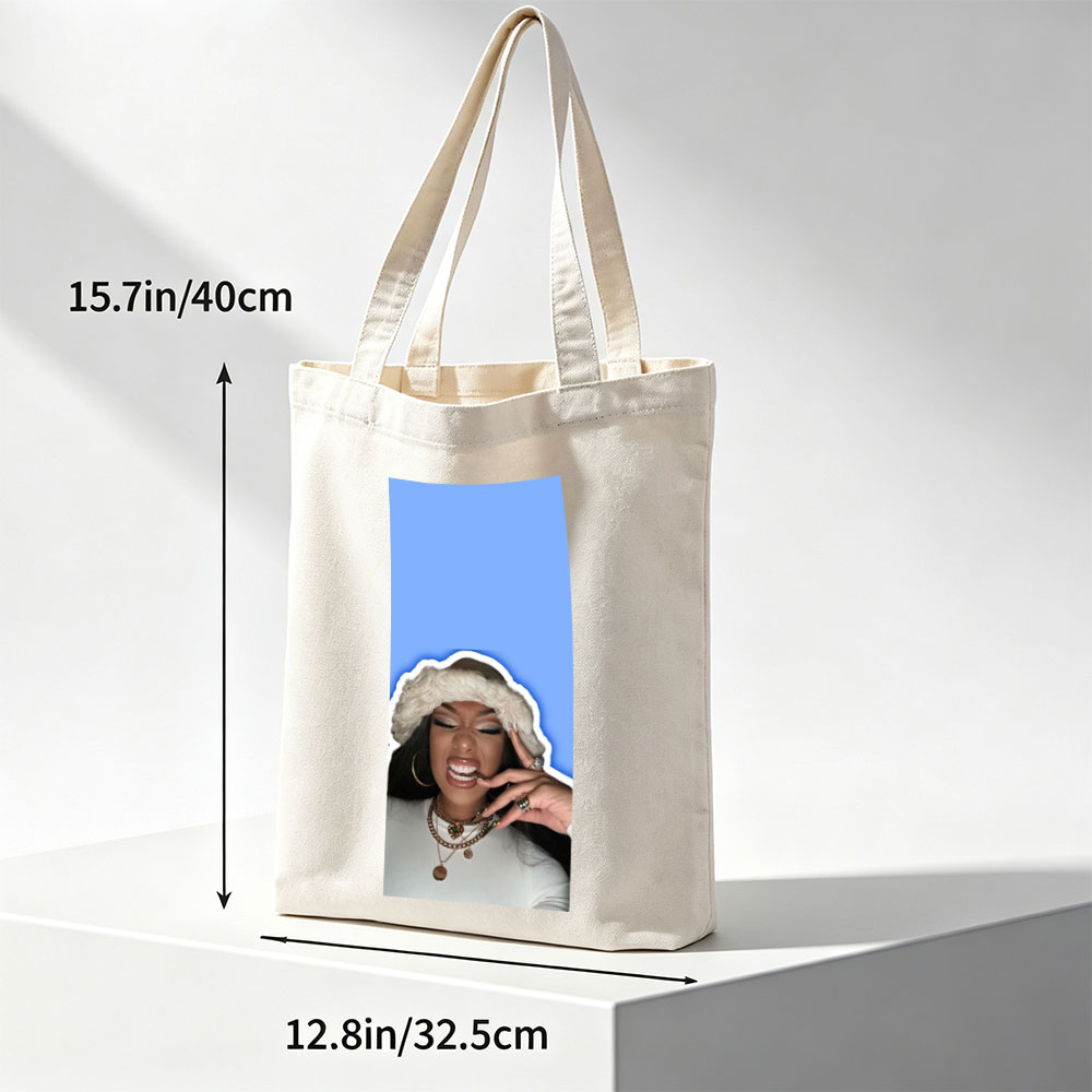 Doja Cat in Festive Mood Wearing Fur Hat and Gold Jewelry Against Blue Background - Canvas tote bags