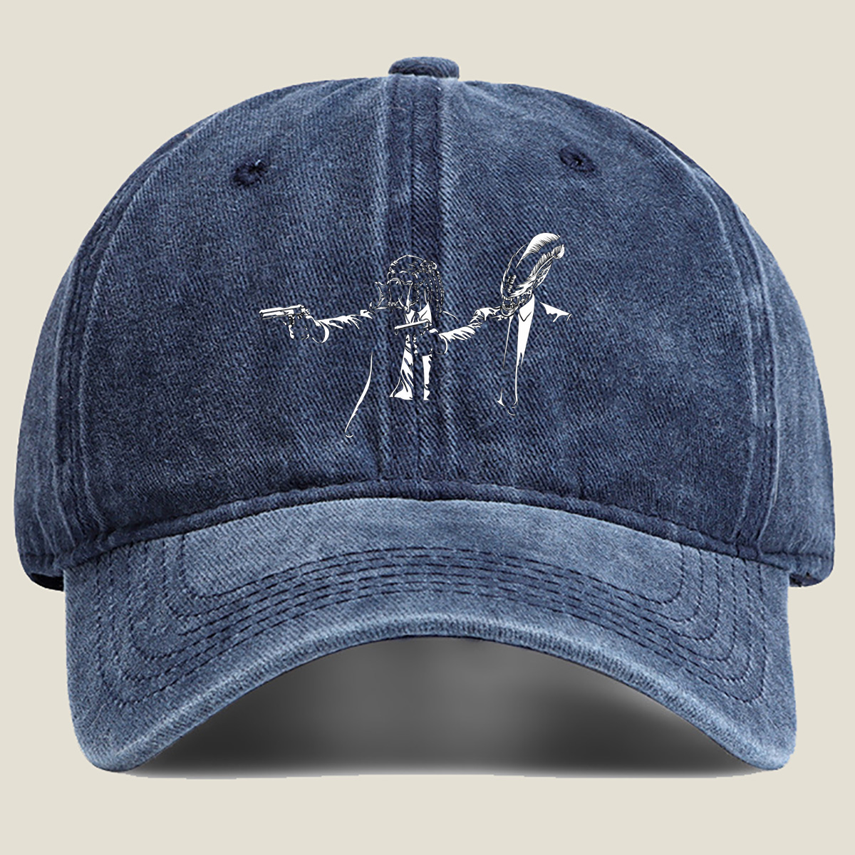 Predator and Alien in Suits with Guns - Washed Denim - Baseball Cap