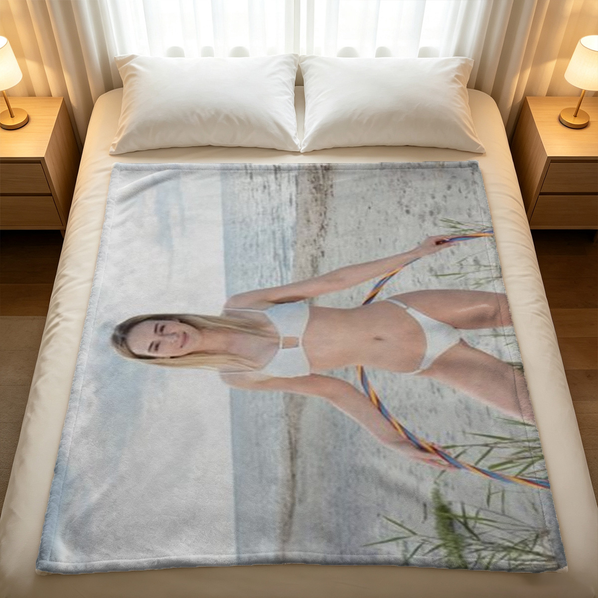 Blonde Secretary in Black Dress Kneeling at Boss's Feet on Cowhide Rug - Blanket