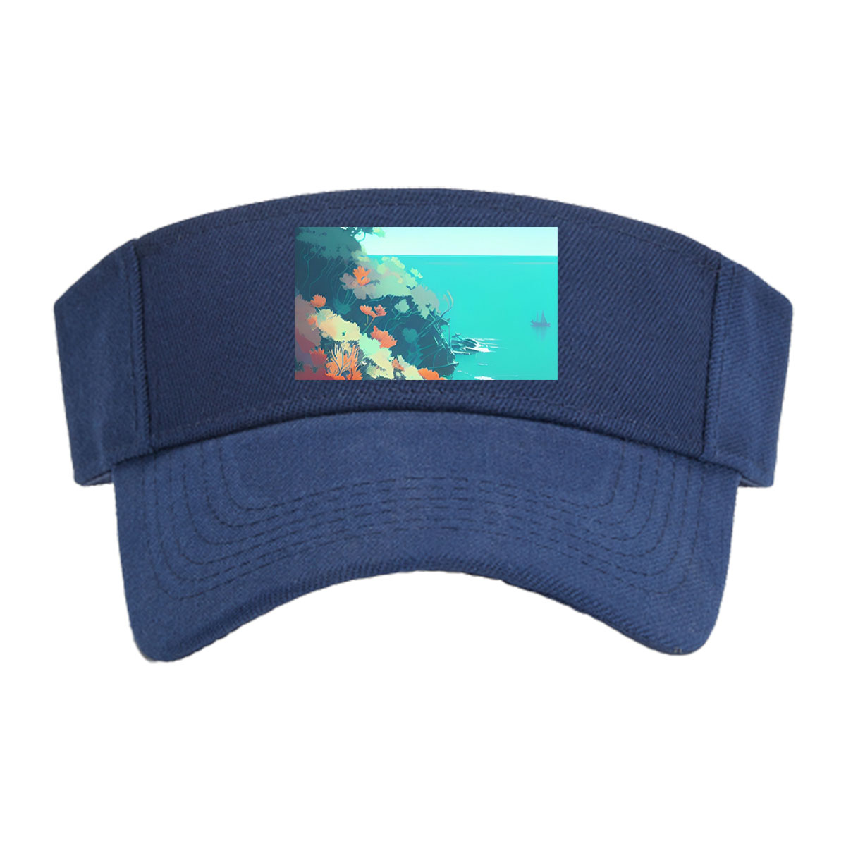Colorful coastal landscape with vibrant flora and a distant ship on turquoise waters. -  Visor cap