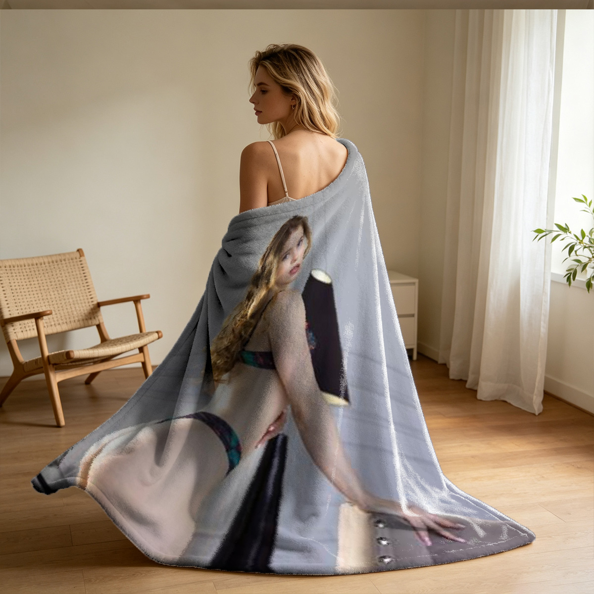 Emma Watson in a white sheer corset dress, topless tease by the window. - Blanket