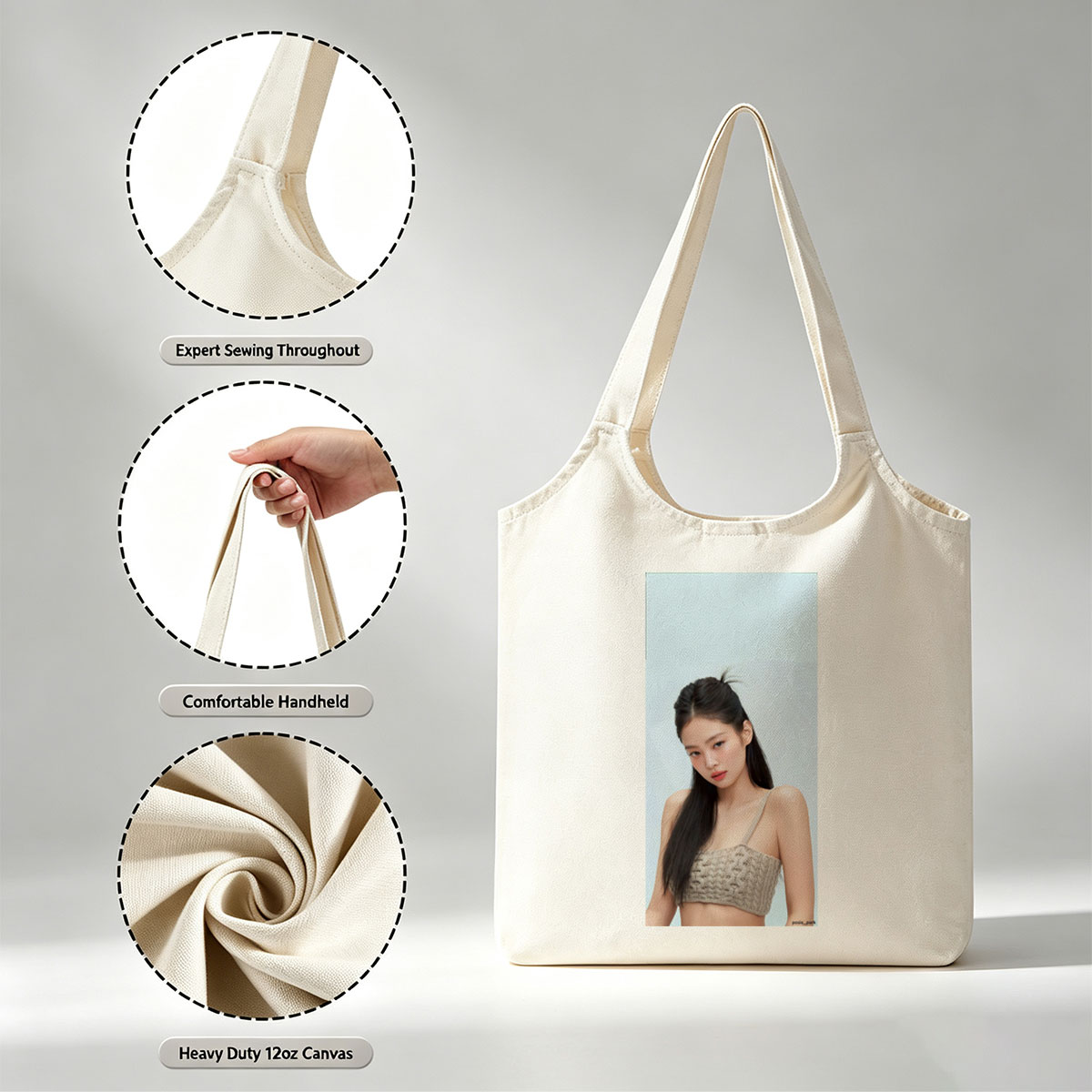 Jennie Kim in a Minimalist Look Wearing a Beige Knit Crop Top Against a Soft Blue Background - Canvas shoulder bags/