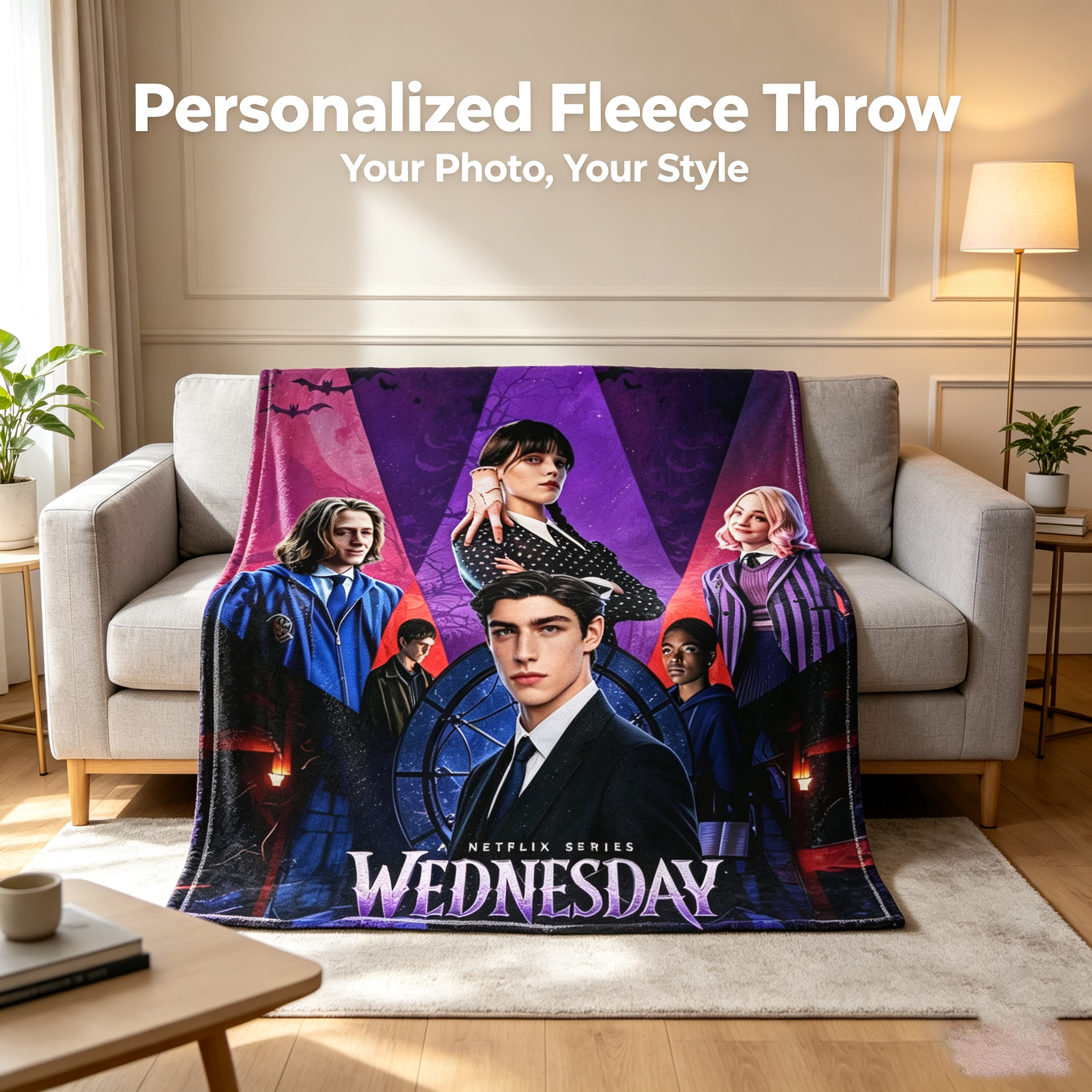 Custom Face Blanket Wednesday Addams Flannel Blanket Halloween Gift for Fans of Netflix Series Wednesday Cozy Throw Blanket Perfect for Movie Night or Birthday Present