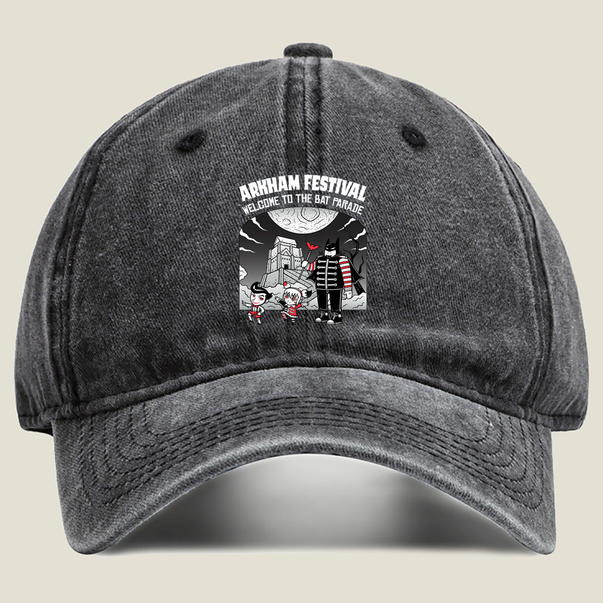 Arkham Festival: Batman, Harley Quinn, and The Joker in the Bat Parade - Washed Denim - Baseball Cap