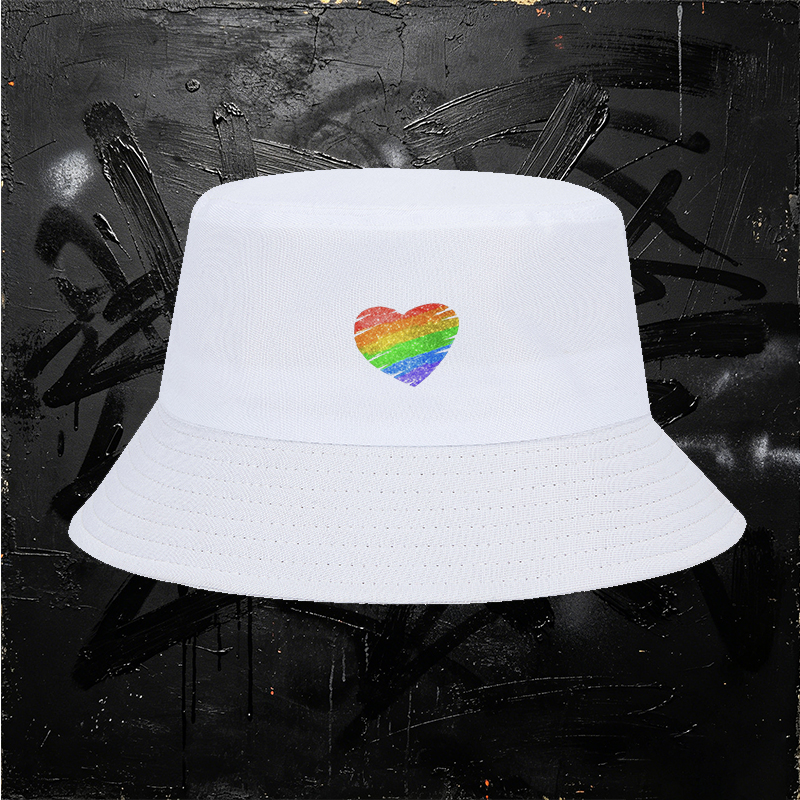 Unisex Bucket Hat with Rainbow Heart Print Glitter Design - Classic Cotton Sun Hat for Outdoor Activities, Beach, Travel, and Pride Events - Suitable for Adults, Men and Women, Casual Fashion Statement Accessory