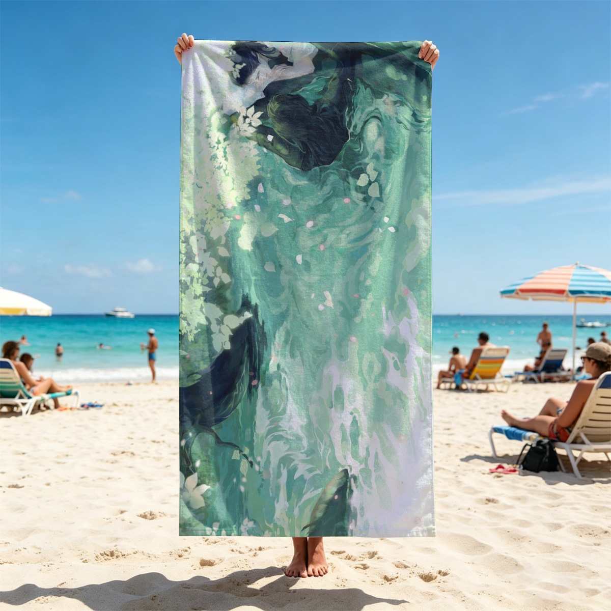 A woman floats gracefully in emerald waters, surrounded by blooming flowers and gentle ripples. - Beach towels