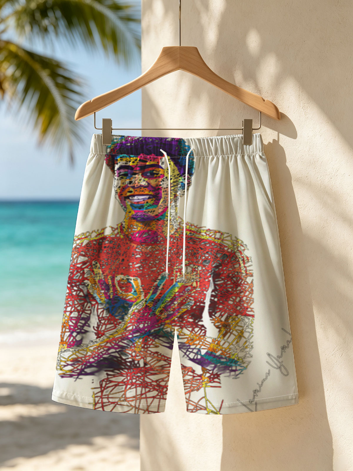 Lamine Yamal, vibrant line art portrait of the footballer in a red jersey with number 19, arms crossed, against a black background. -  Beach shorts