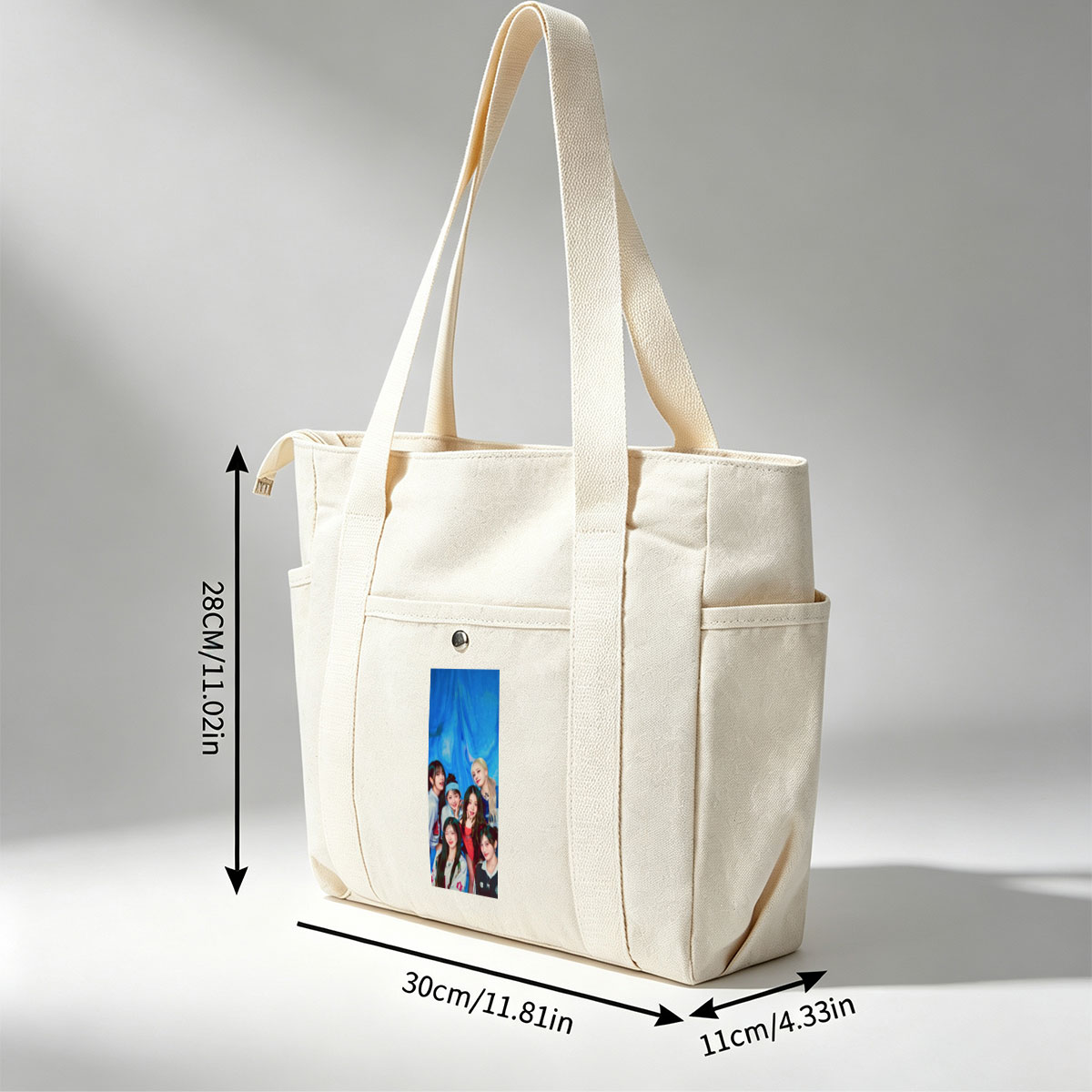 IVE Group Photo with Blue Background and Casual Outfits - Multi-pocket bags