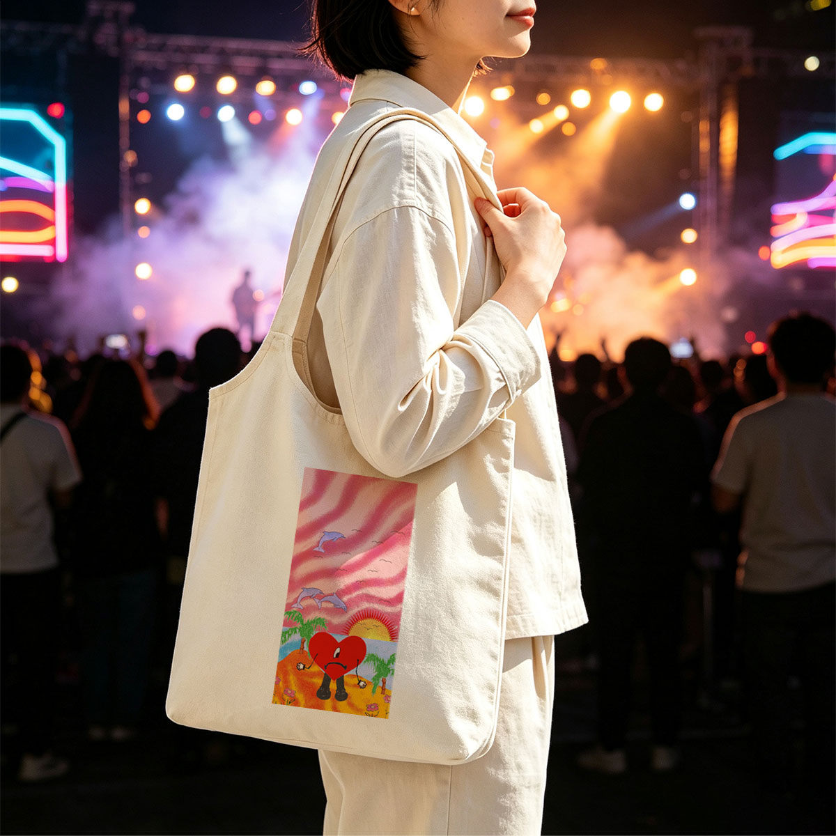 Heart Character on Tropical Beach with Dolphins and Sunset - Canvas shoulder bags/