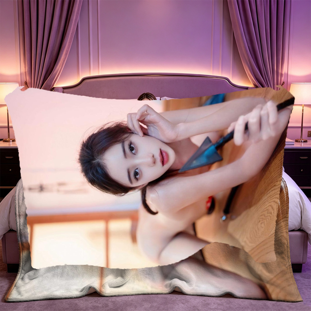 A young Asian bride in pink floral lingerie and sheer white veil squats seductively in high heels. - Blanket