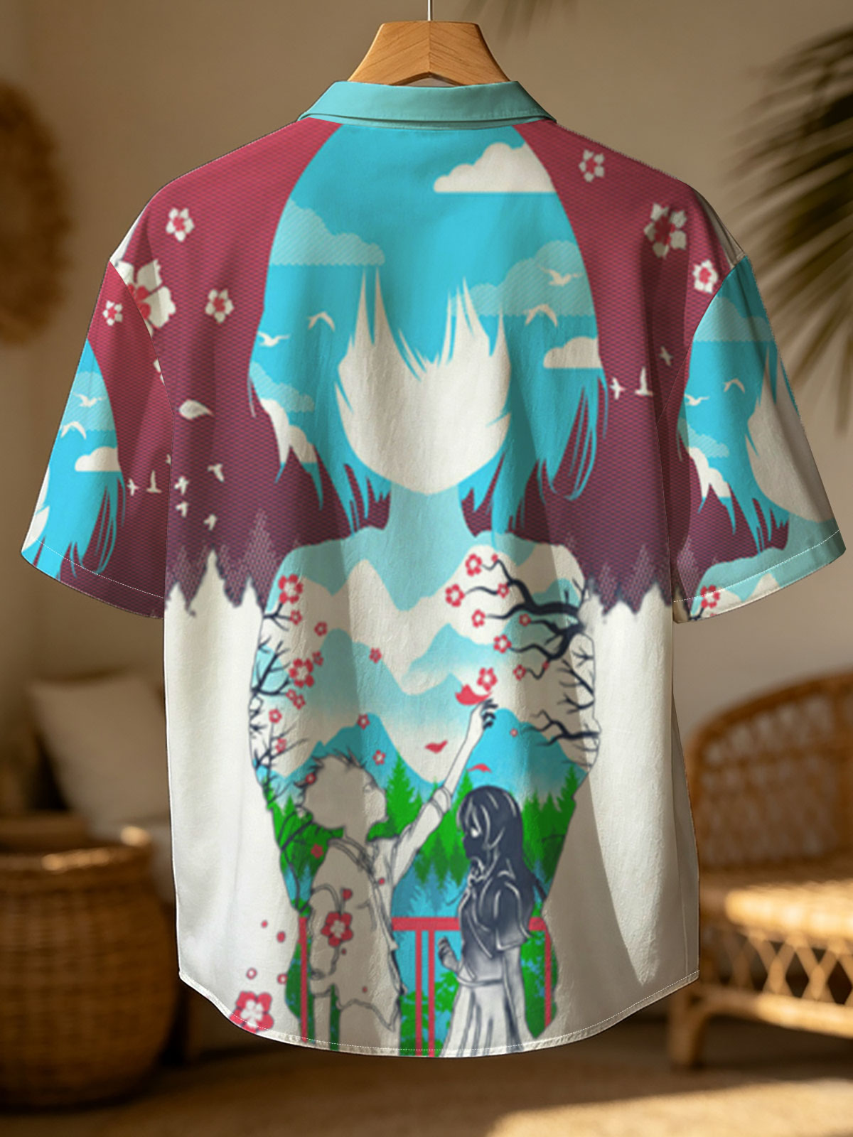 Two Figures Under Cherry Blossoms with Mountain Landscape and Sky Background -  Shirt