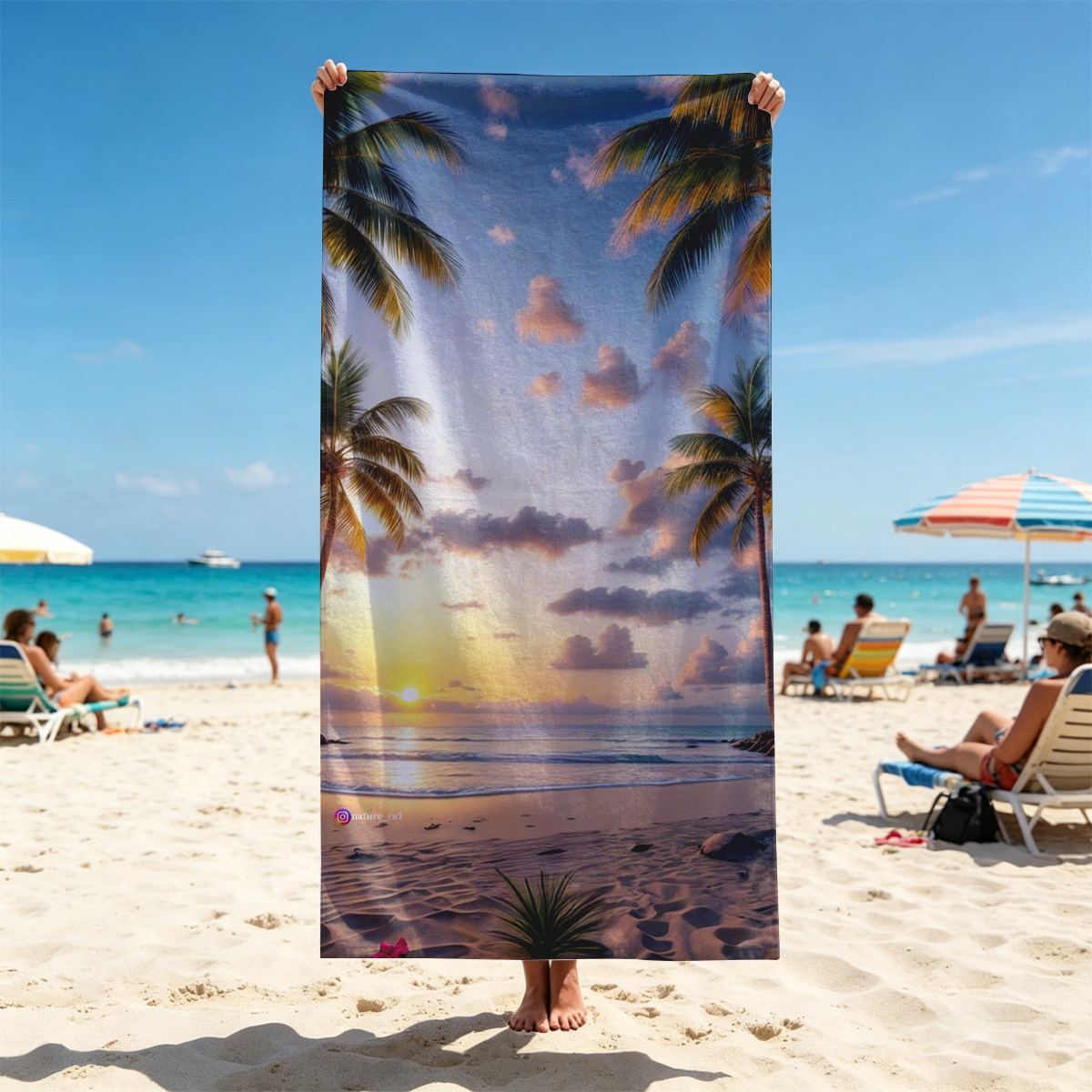 Tropical Sunset Beach with Palm Trees and Calm Ocean - Beach towels