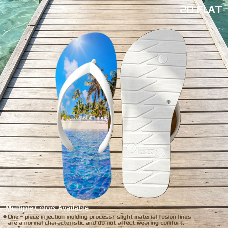 Sunny beach with palm trees and clear blue water -  flip-flops