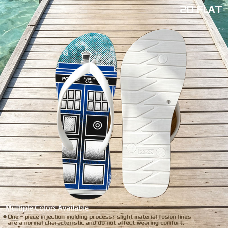 TARDIS in Winter Wonderland: Police Box Amid Snowy Pines -  flip-flops