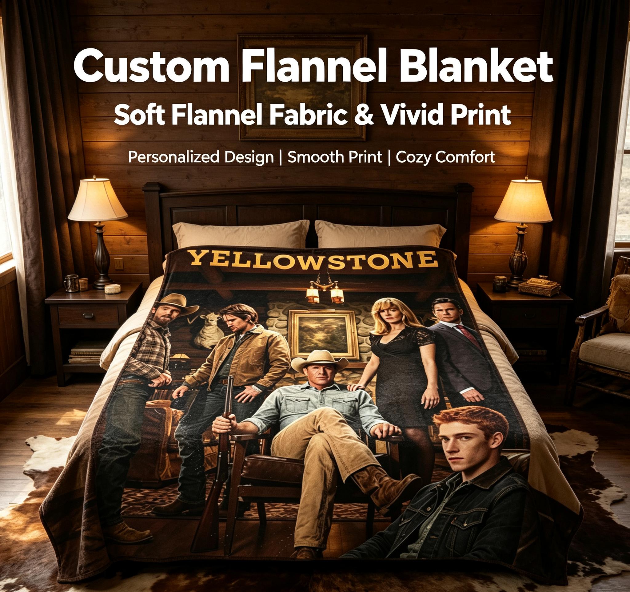 Custom Face Blanket Yellowstone TV Series Flannel Blanket for Couch or Bed Cozy Gift for Fans and Collectors