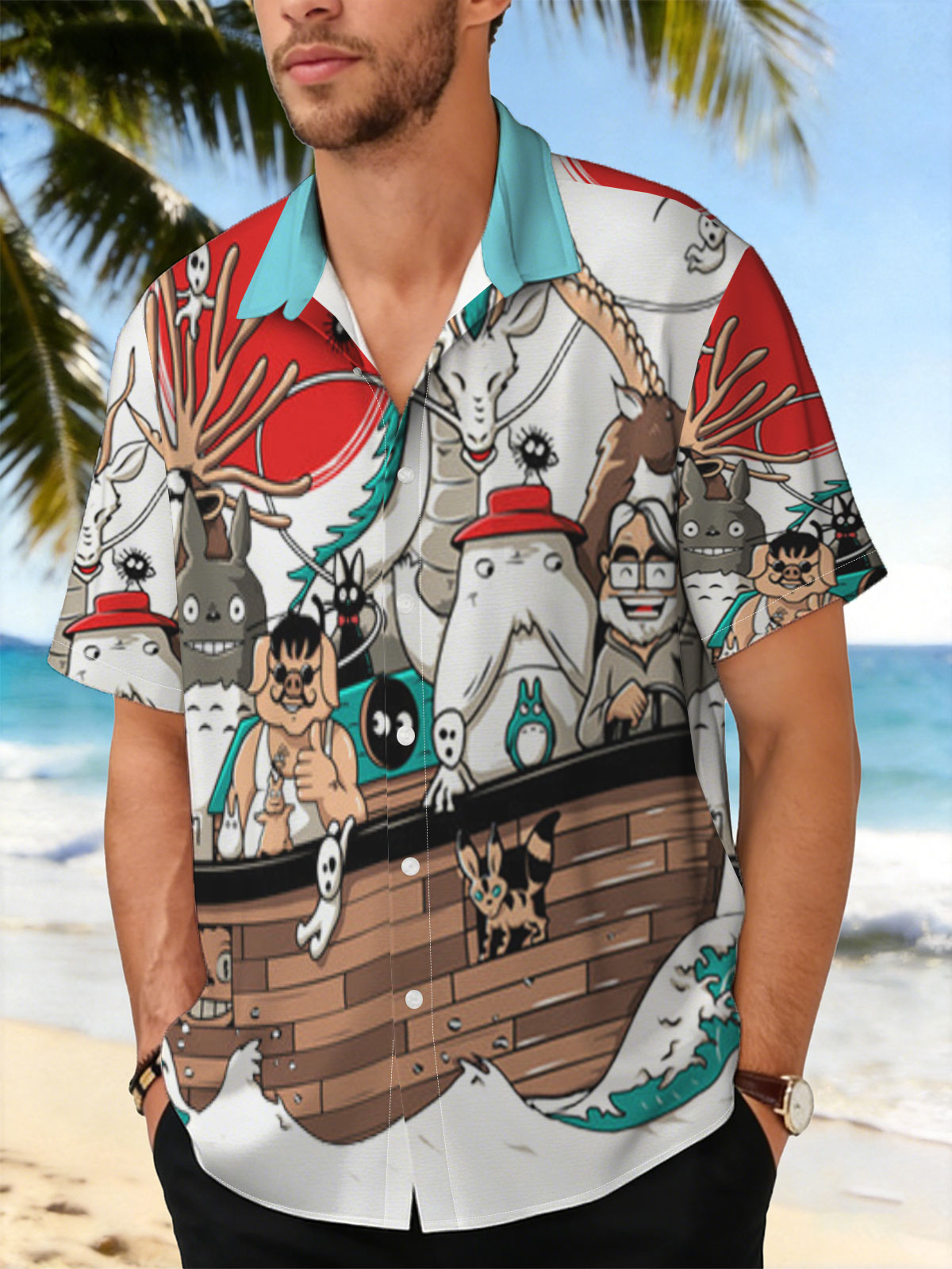 Studio Ghibli Characters Sail in a Wooden Boat with Mythical Creatures and Icons -  Shirt