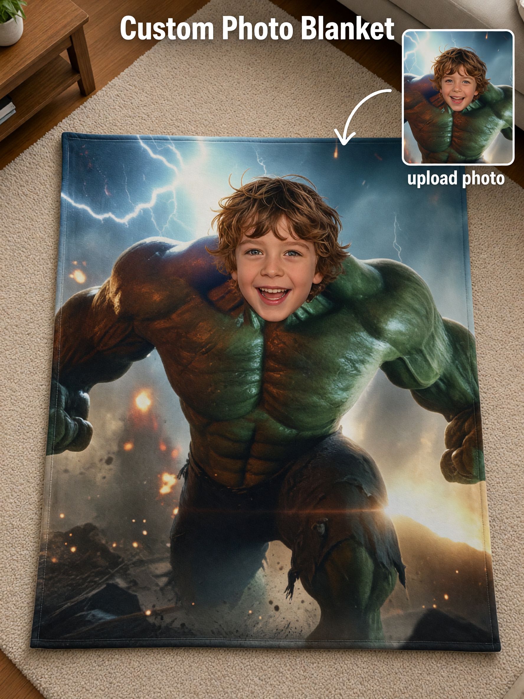 Personalized Superhero Face Photo Flannel Blanket Ultra Soft Anti Pilling Throw for Kids Cozy Custom Bedding Gift